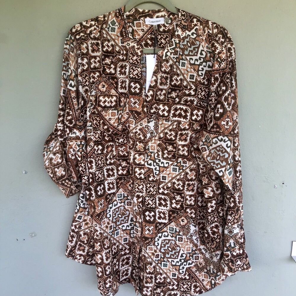 Calvin Klein Tunic Top Women 1X Brown Button Front Aztec Geo Print Career Casual
